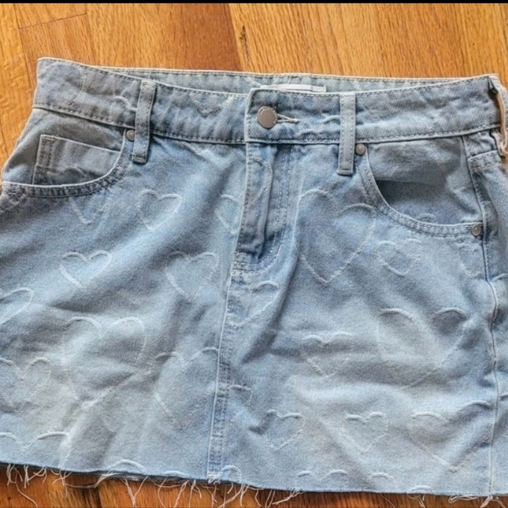 Mini Skirt Denim Size 3 Hearts Distressed Blue Denim Y2k Punk Bimbocore